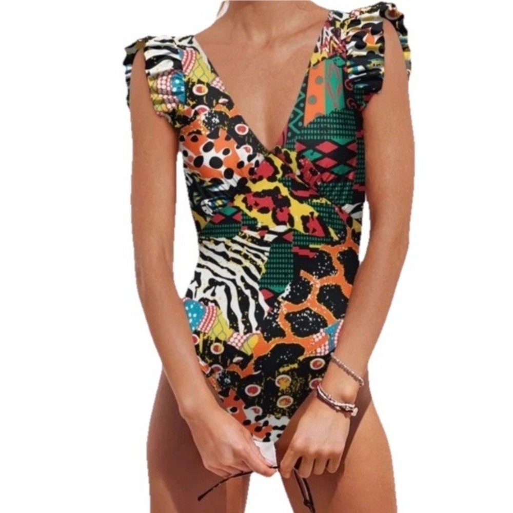 Averie Harlow Plunge One Piece Swimsuit Multi Animal Mixed Print Ruffle M Padded